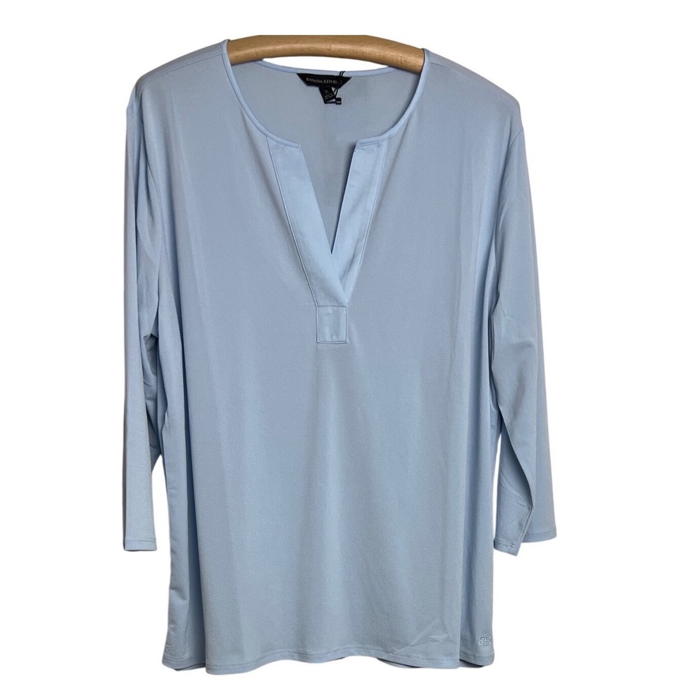 Banana Republic Top Women XL Blue 3/4 Sleeve V-Neck Split Neck 1826408 New F06